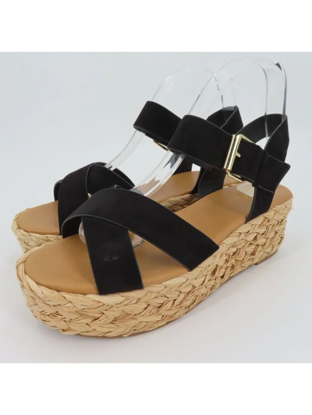 Qupid Women 9 Black Synthetic Strappy Woven Raffia Platform Wedge Sandals Shoes